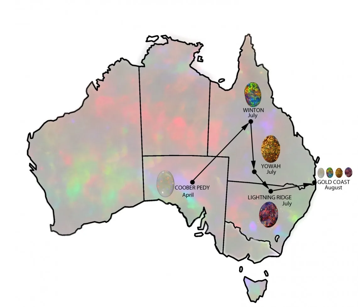 Carte des principaux gisements d’opales en Australie carte des gisements d’opales en Australie Coober Pedy Lightning Ridge Winton Yowah