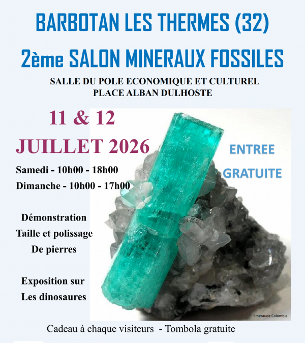 2ème Salon Minéraux Fossiles à Cazaubon-Barbotan-les-Thermes les 11 et 12 juillet 2026