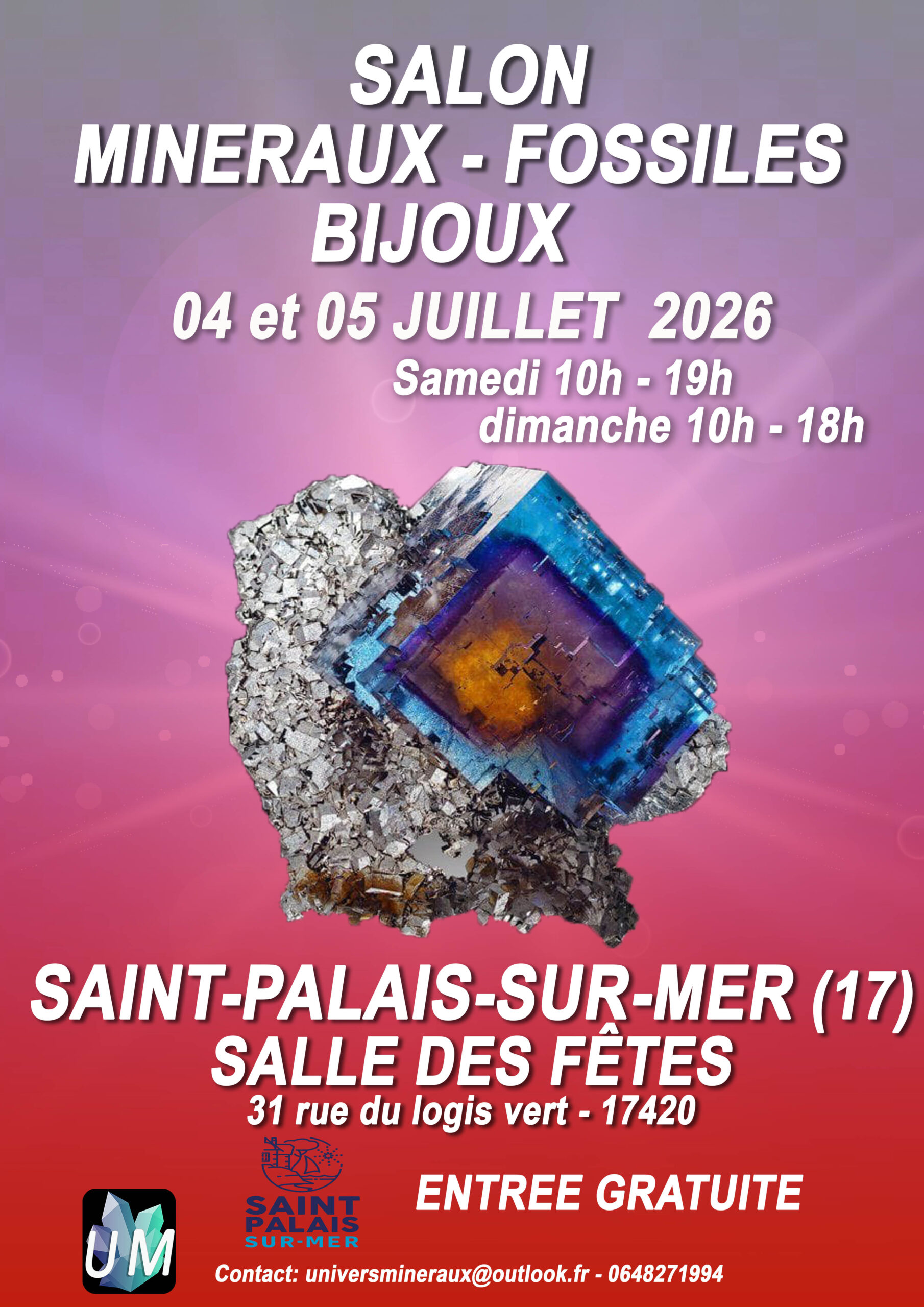 Affiche du Salon Minéraux Fossiles Bijoux à Saint-Palais-sur-Mer les 4 et 5 juillet 2026