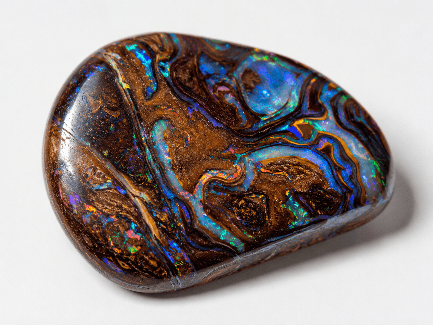 Exemple d’opale boulder australienne. Les opales de Koroit sont connues pour leur matrice d’ironstone sombre, leurs veines colorées et leurs motifs graphiques naturels. Opale boulder australienne avec matrice d’ironstone et reflets colorés